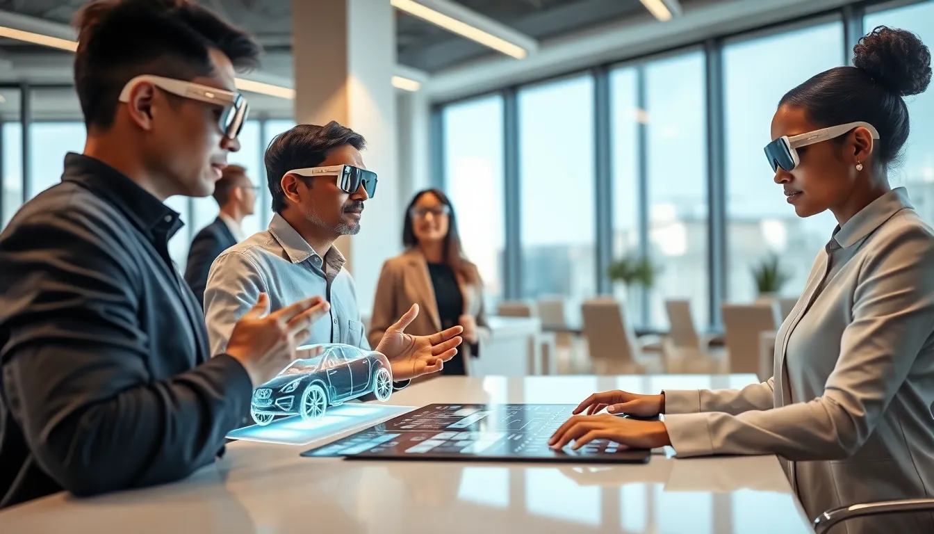 professionals using augmented reality glasses in a modern office.