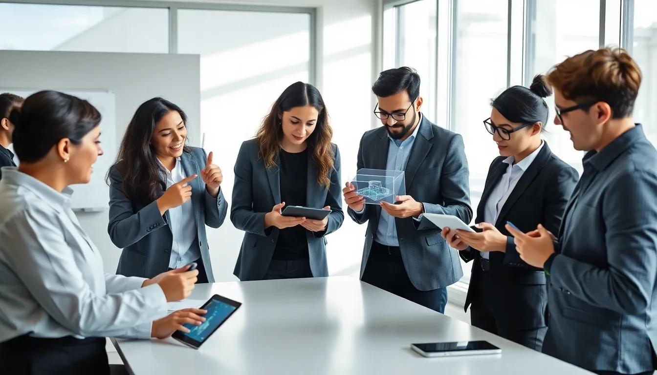 diverse team exploring augmented reality applications in a modern office.