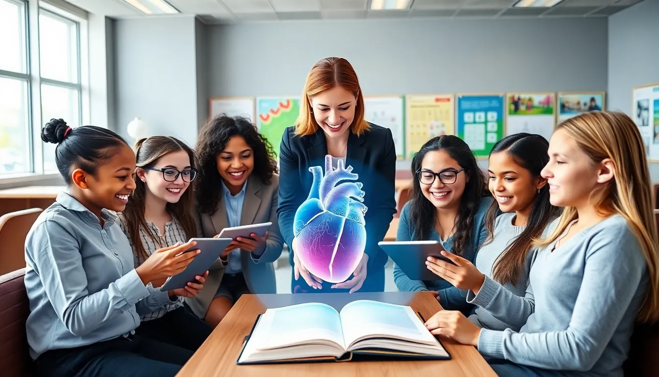 Students engaging with an augmented reality app in a classroom setting.