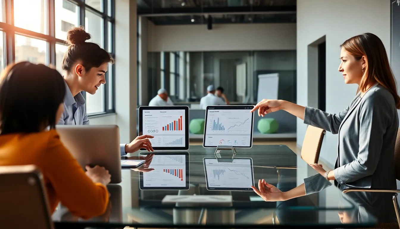 team discussing logistics software in a modern office.